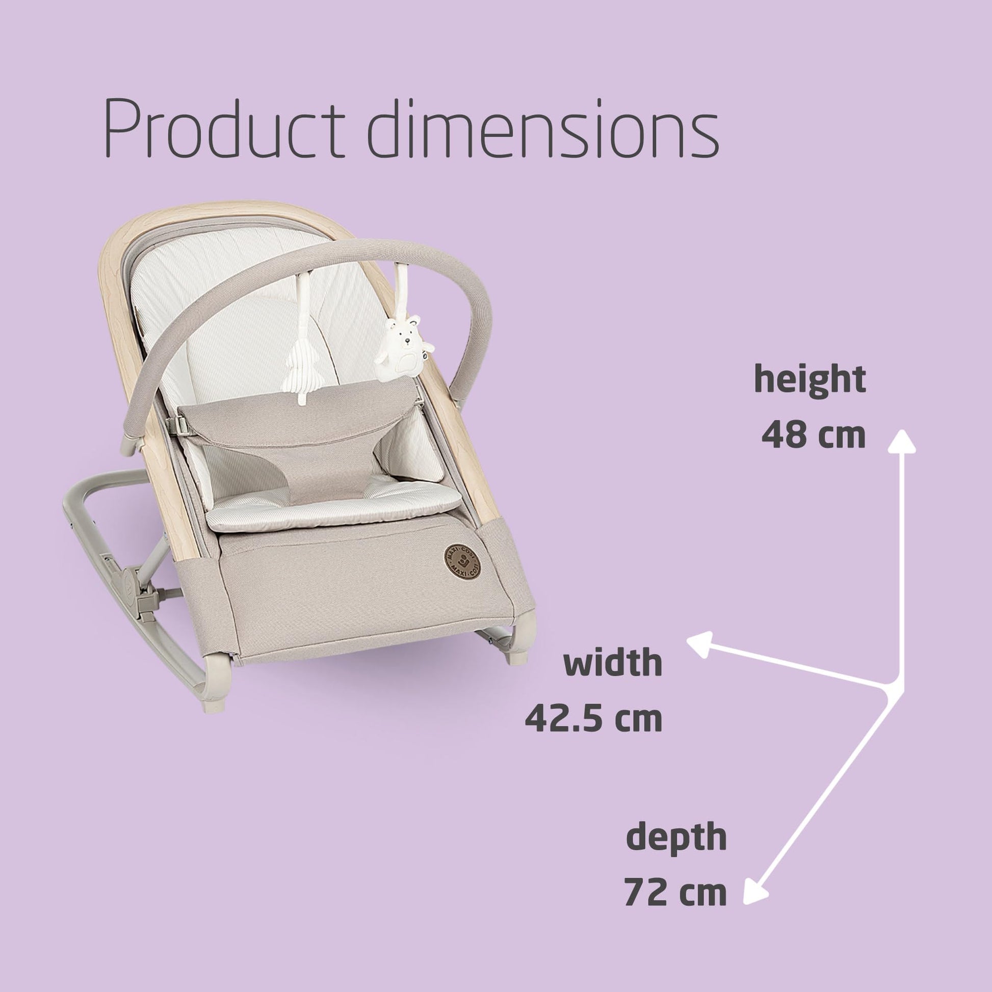 Maxi-Cosi Kori 2-in-1 baby bouncer chair with toy arch, ergonomic design, 3 reclines, lightweight, beige with newborn pillow.