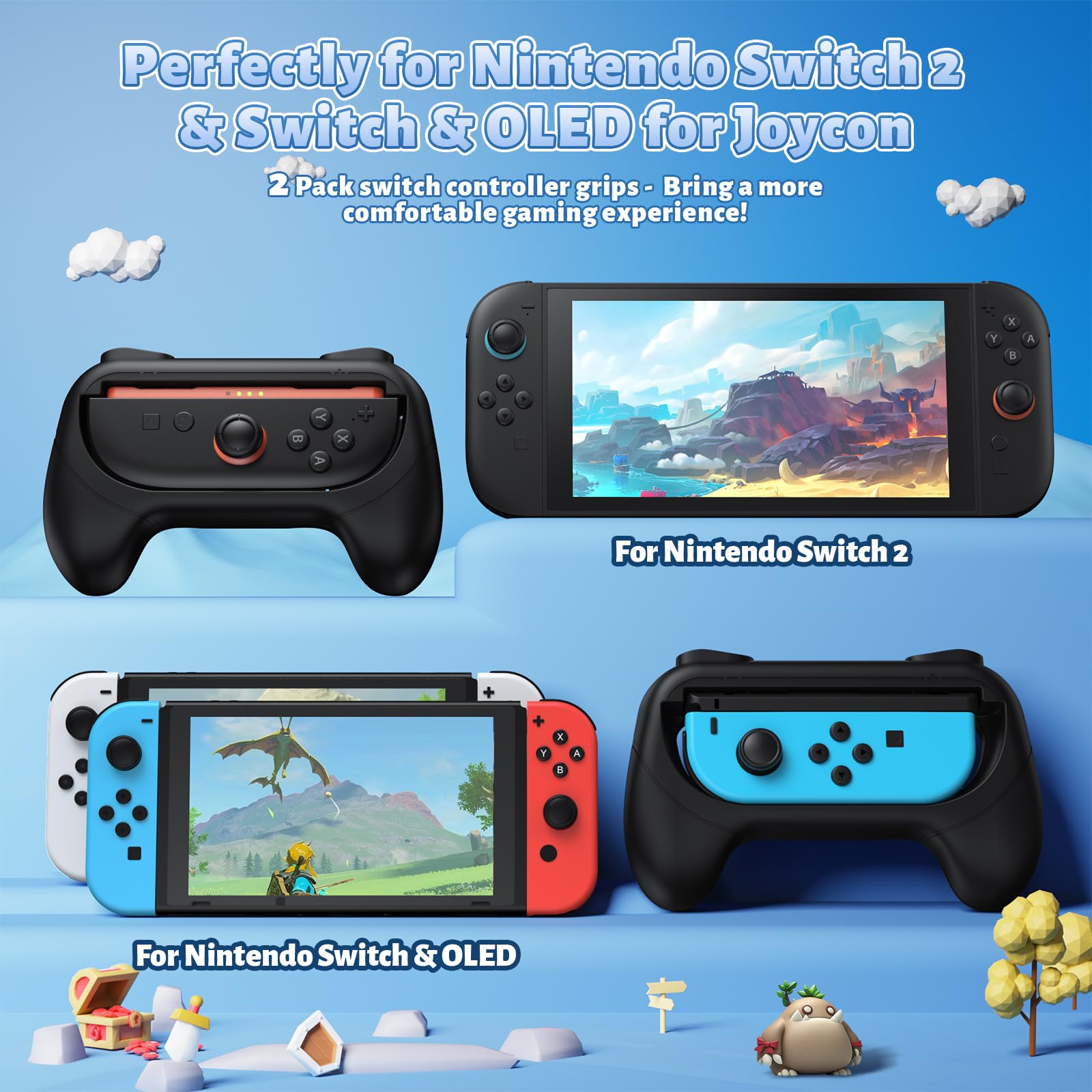 FASTSNAIL black Nintendo Switch 2 and OLED Joy-Con grips with anti-slip, wear-resistant handle kit for enhanced gaming comfort.