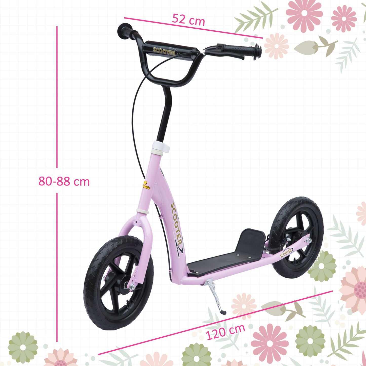 HOMCOM Kids Scooter, Toddler Kick Scooter with Adjustable Handlebar, 12" EVA Tyres, Rear Brake, for Age 5-12 Years, Pink