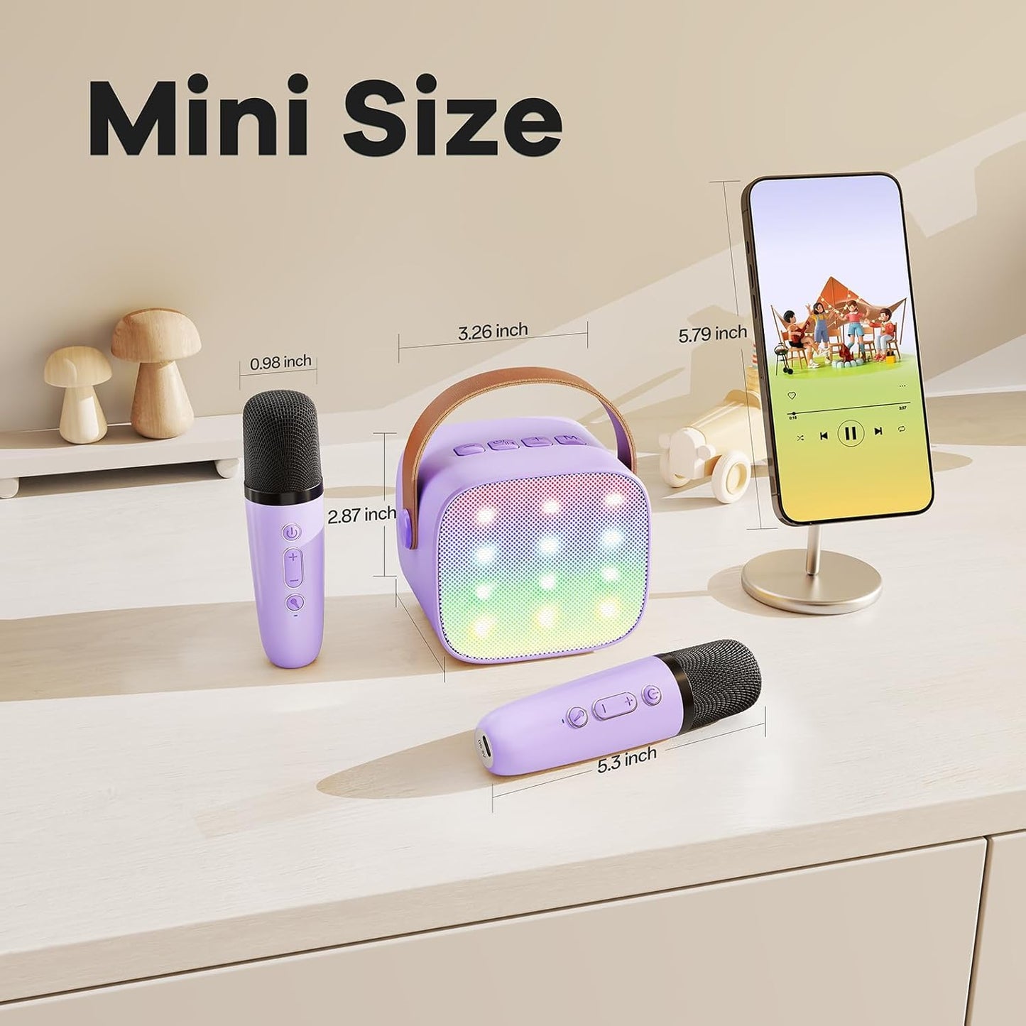 YLL Mini Karaoke Machine in purple with two wireless microphones, ideal kids gift for ages 3 to 12, perfect for parties and birthdays