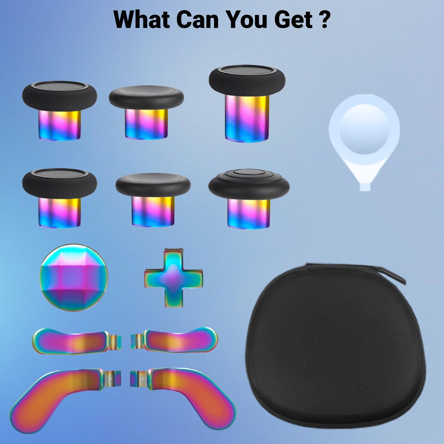 YUNMGALH Elite Series 2 controller accessories kit with rainbow thumbsticks, D-pads, trigger paddles, and storage case for Xbox One.