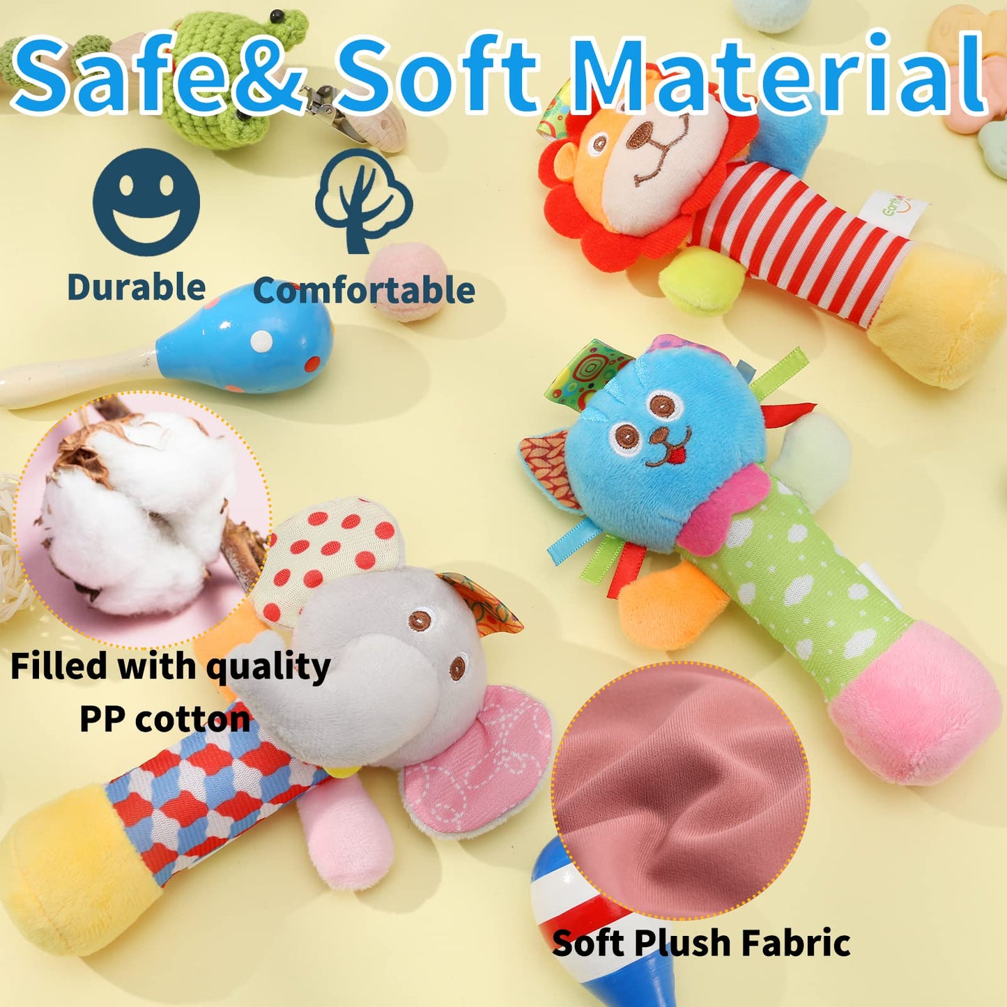 Baby Soft Rattles, 3 Pack Plush Animal Rattle Toys for Babies 0-6 Months, First Baby Sensory Toy with Sound for 0 3 6 Month Infant Gift (Elephant, Lion, Cat)