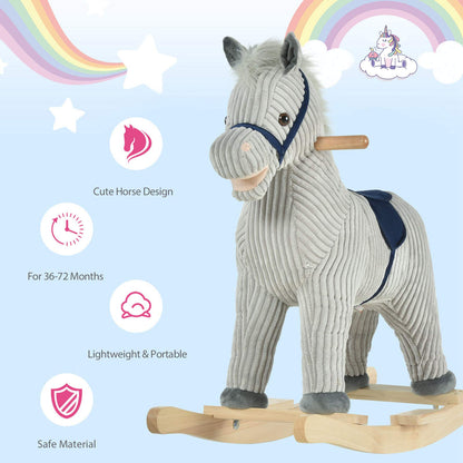 HOMCOM Kids Plush Rocking Horse w/Sound Children Rocker Ride On Toy Gift 3-6 Years Grey