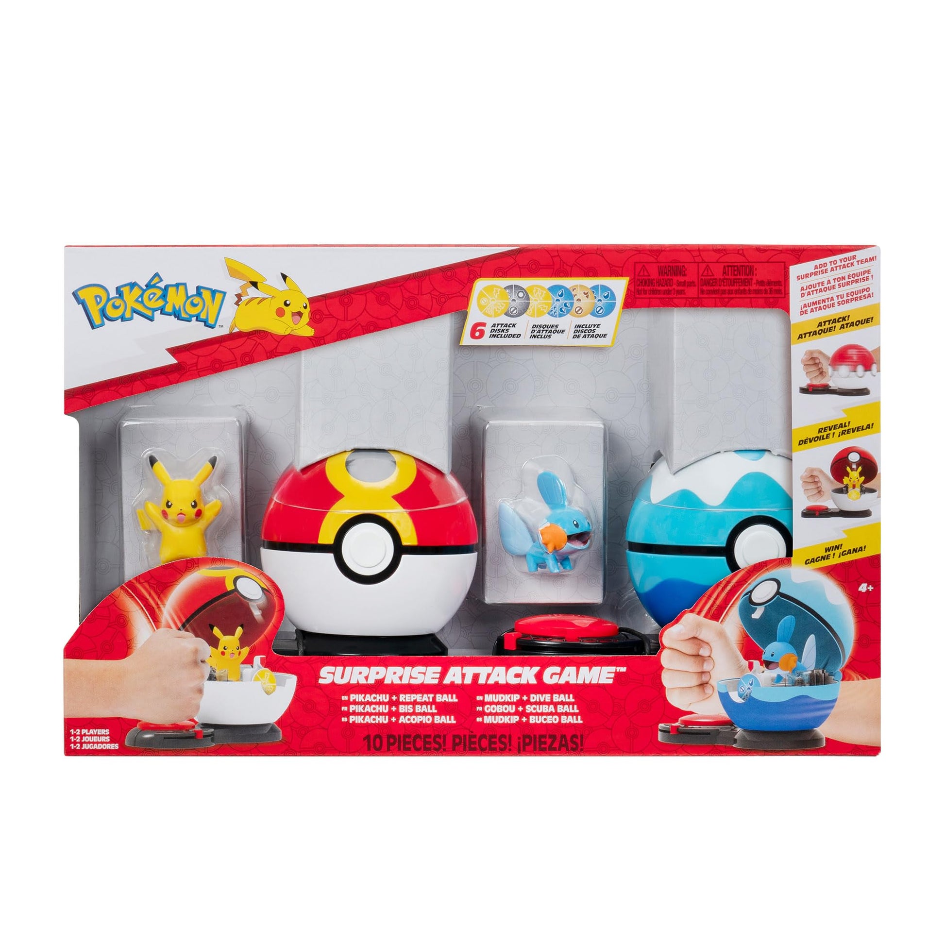 2-inch Pikachu and Mudkip figures with Repeat Ball, Dive Ball, and 6 Attack Discs from the Pokémon Surprise Attack Game.