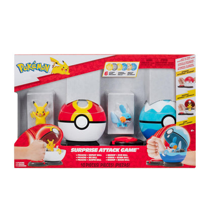 2-inch Pikachu and Mudkip figures with Repeat Ball, Dive Ball, and 6 Attack Discs from the Pokémon Surprise Attack Game.