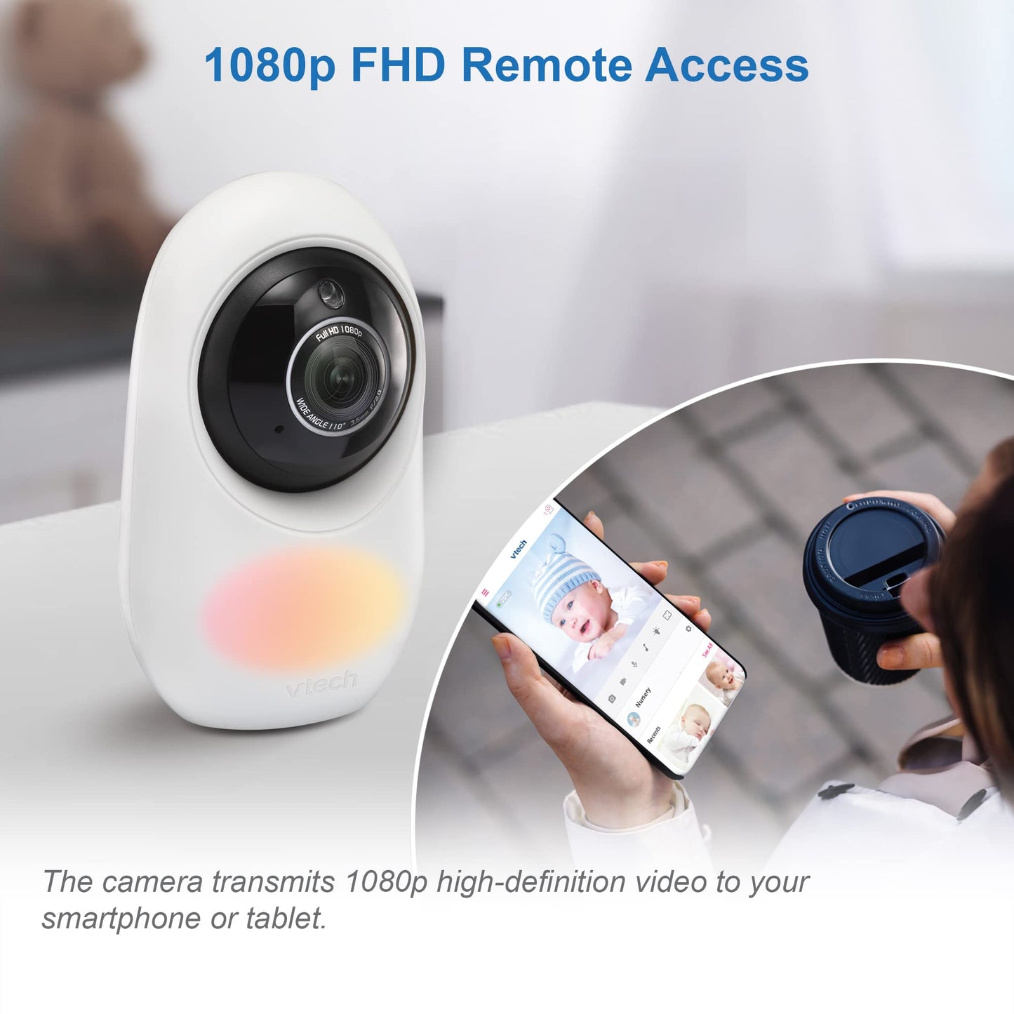 VTech RM2751 smart baby monitor with 2.8-inch display, Wi-Fi, 1080p HD video, and remote access for baby monitoring.