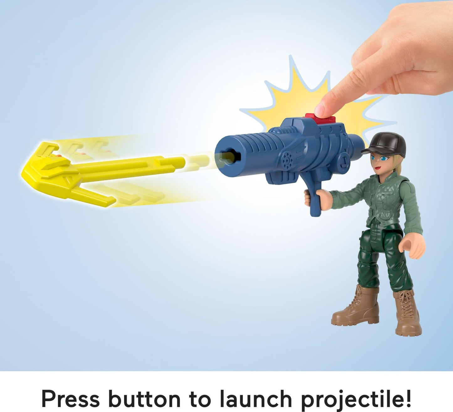 Fisher-Price Imaginext Jurassic World Rebirth action figure set with human figure, five dinosaurs, toy launcher, and accessories.