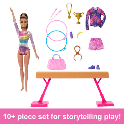 Barbie gymnastics doll playset with brunette doll, balance beam, warm-up suit, flipping C-clip, and accessories for active play