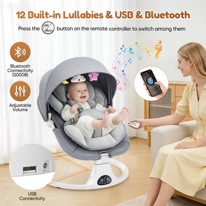 Helangel baby swing for infants and toddlers, electric with 5-speed settings, 3-seat positions, Bluetooth music, and 10 melodies.