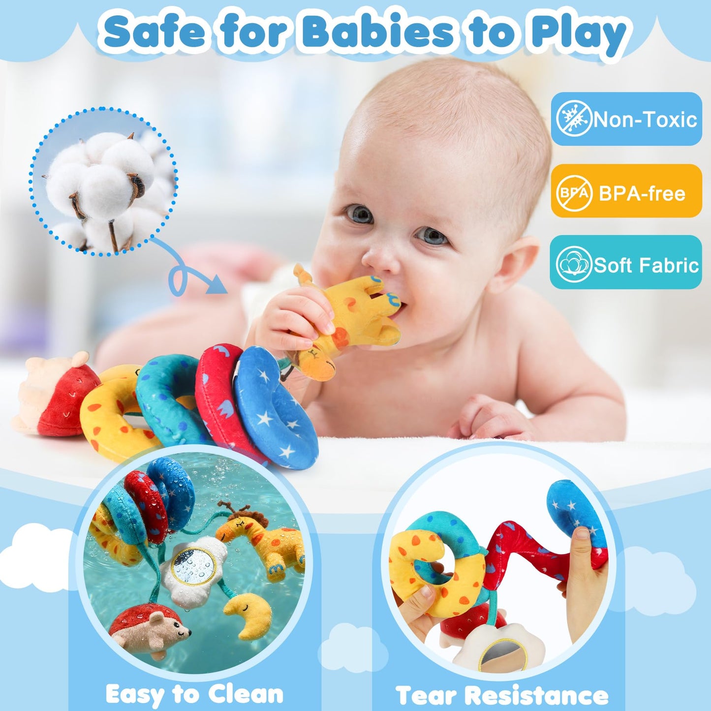 URMYWO black and white spiral pram toy with giraffe and hedgehog rattles, sensory toy for newborns 0-12 months.