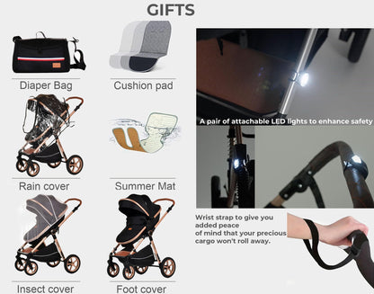 BayoBay 3-in-1 baby buggy pram stroller with foldable design, includes car seat and carrycot for newborns and toddlers.