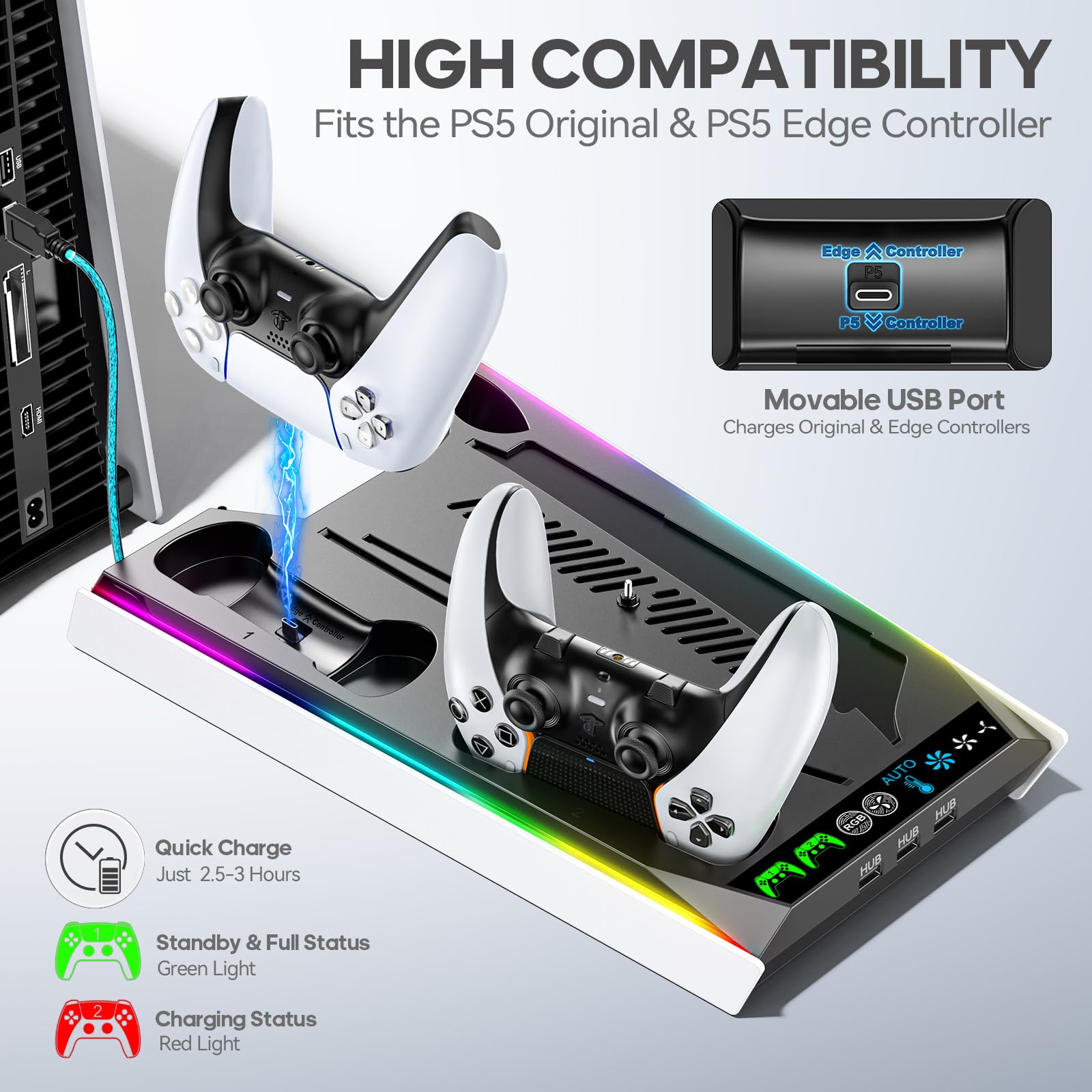 Rysker PS5 stand with cooling fan, 3 charging ports, and controller charger for PS5, Pro, Slim consoles with disc and digital options.