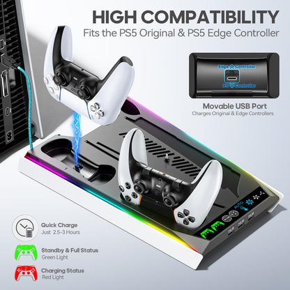 Rysker PS5 stand with cooling fan, 3 charging ports, and controller charger for PS5, Pro, Slim consoles with disc and digital options.