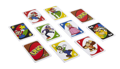 Fisher-Price UNO Super Mario card game featuring animated character images on 112 collector cards for kids aged 7 and up.