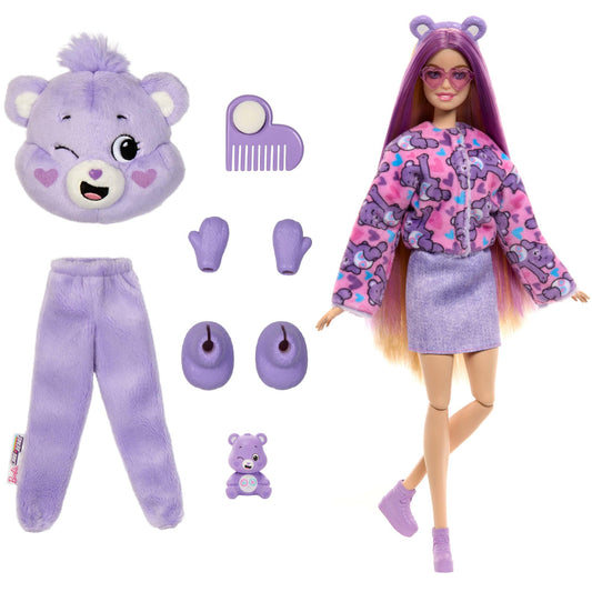 Barbie Cutie Reveal Doll & Accessories, Care Bears Series with Share Bear Plush Costume & 10 Surprises Including Color Change & Mini Bear, JCN94