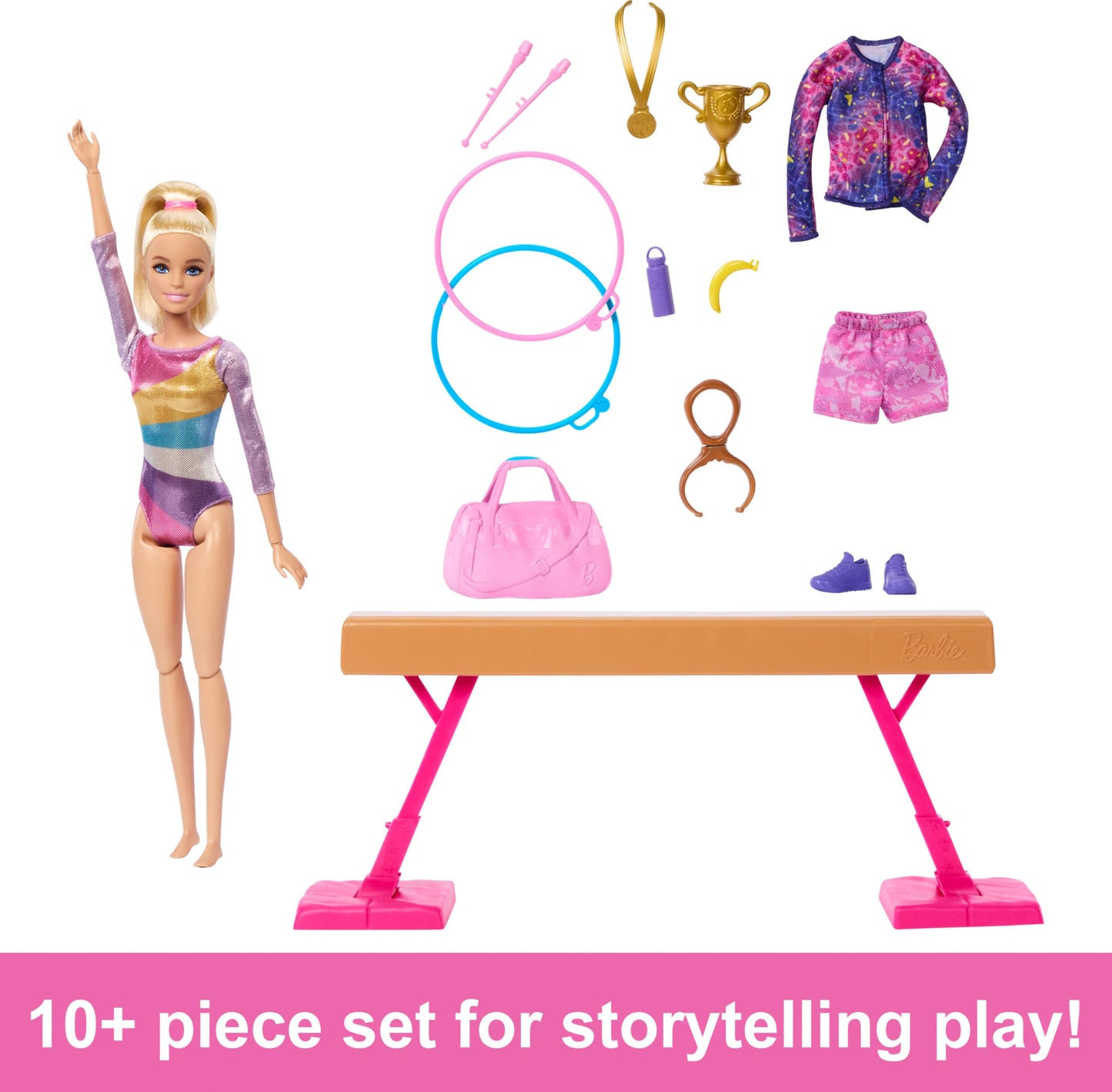 Barbie Gymnastic Fun Play Set featuring a blonde doll, balance beam, and over 10 matching thematic pieces for imaginative play.