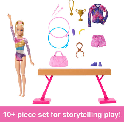 Barbie Gymnastic Fun Play Set featuring a blonde doll, balance beam, and over 10 matching thematic pieces for imaginative play.