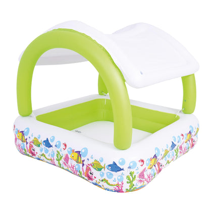 Square inflatable paddling pool with sun shade for kids by Splosh, measuring 1.43m x 1.43m, set up in a garden.