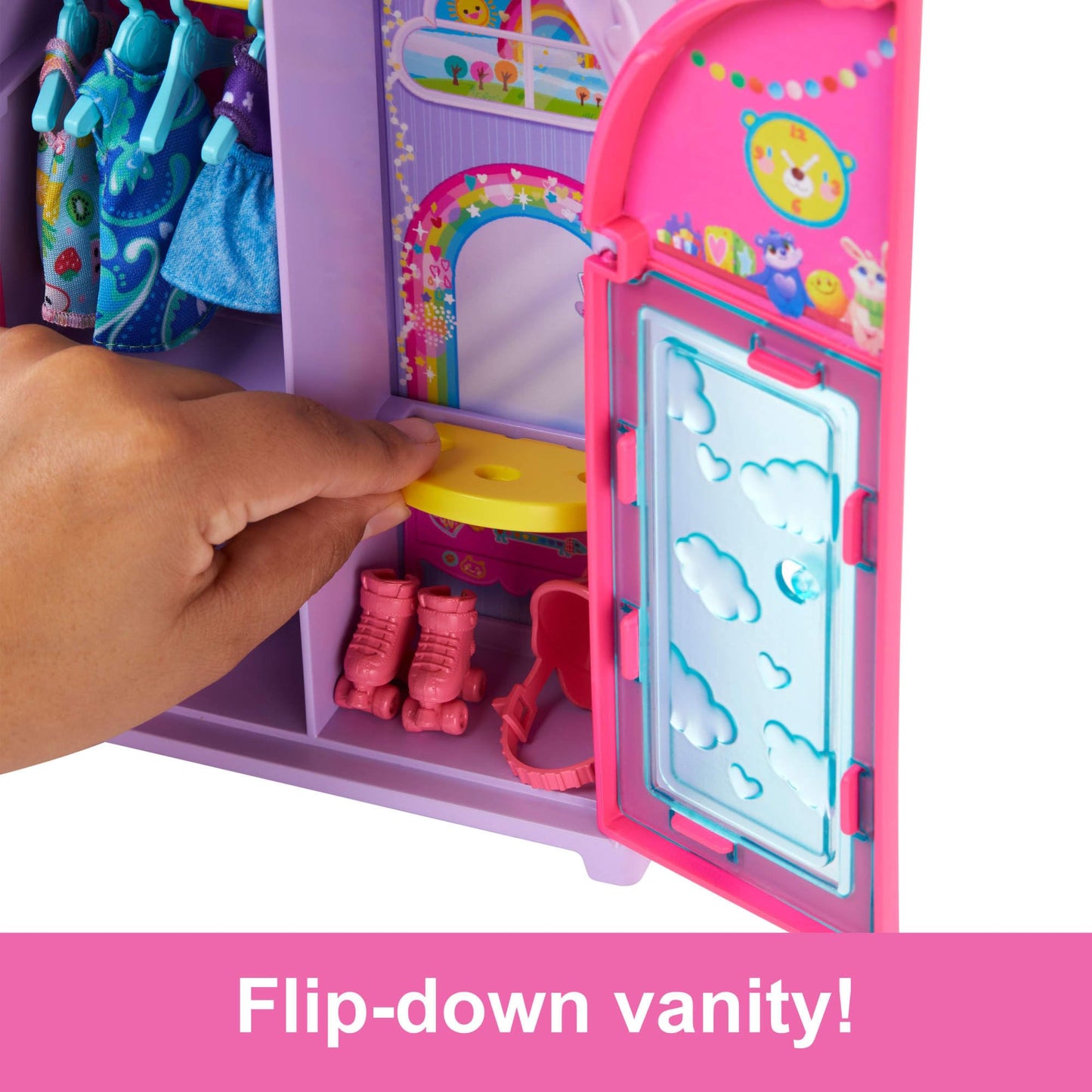 Barbie Chelsea Doll playset with foldable closet, includes 15 clothes and accessories for on-the-go dress-up fun.