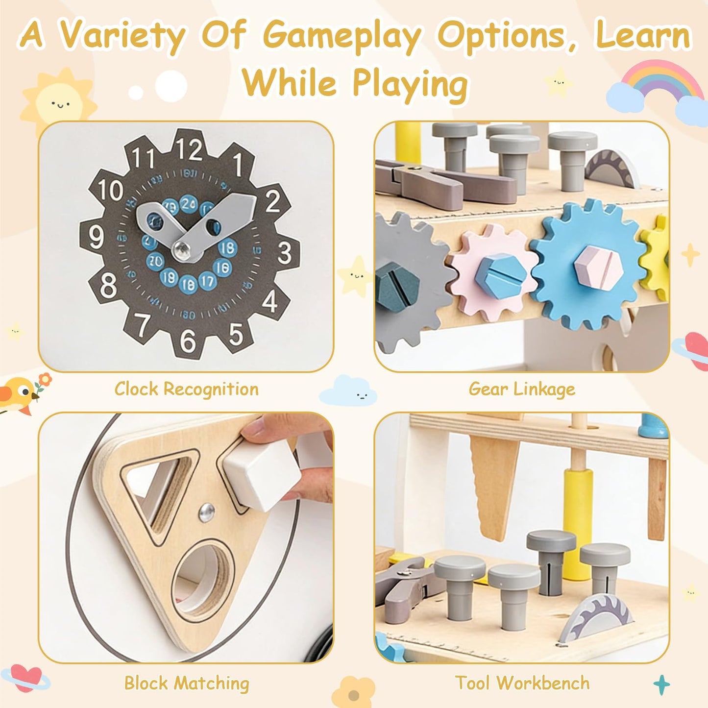 Caossuixin wooden baby walker for toddlers with shape sorter, toy tool set, clock, and activity center for 6-12 months.