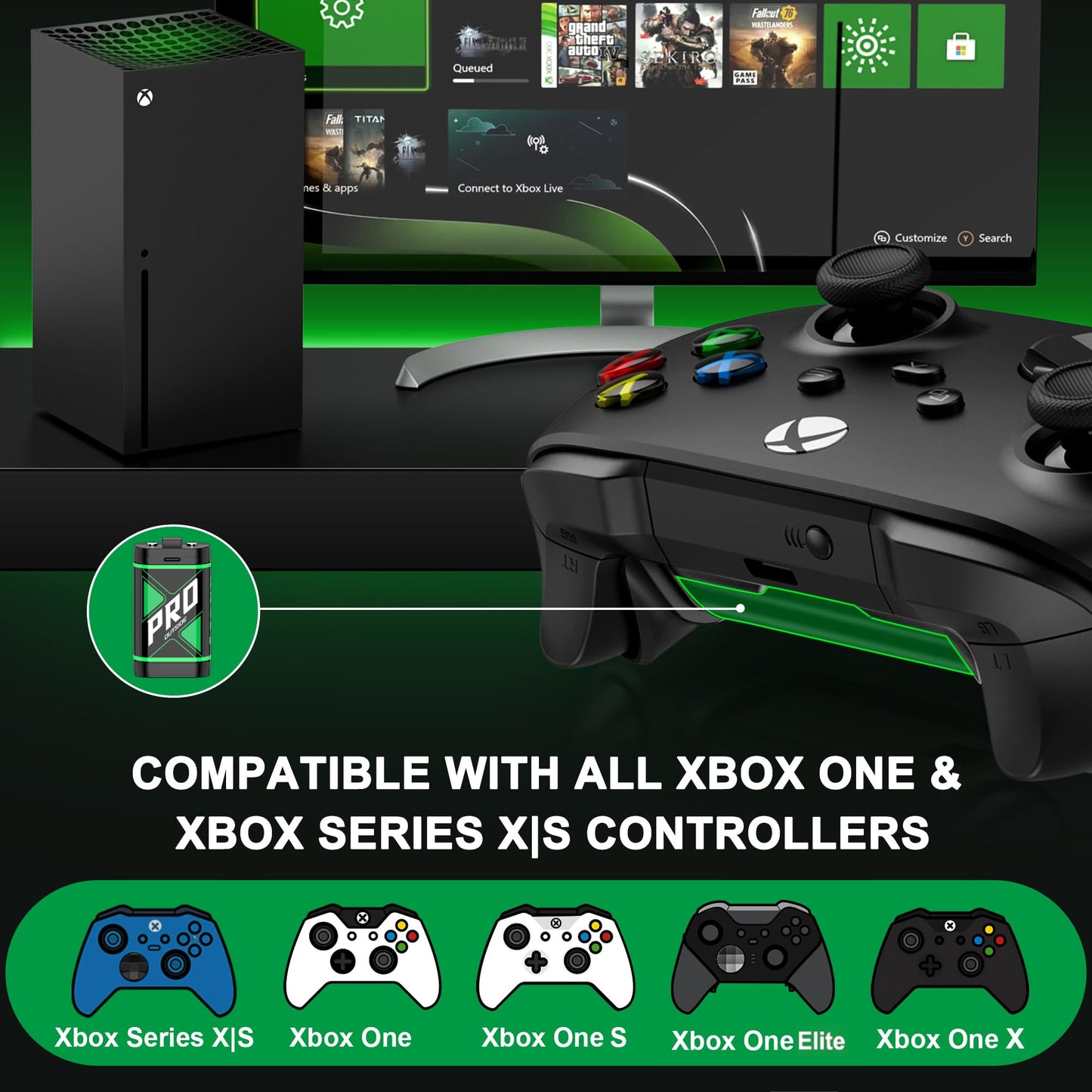 HEYLICOOL rechargeable battery packs for Xbox Series X|S and Xbox One controllers with charging dock, providing over 20 hours of gaming.