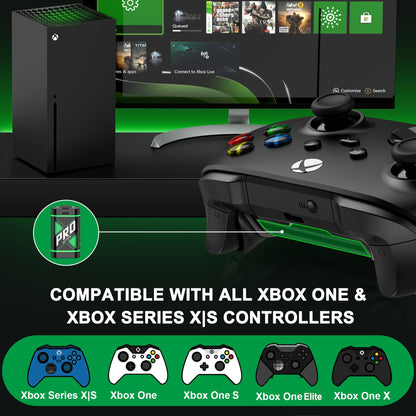 HEYLICOOL rechargeable battery packs for Xbox Series X|S and Xbox One controllers with charging dock, providing over 20 hours of gaming.