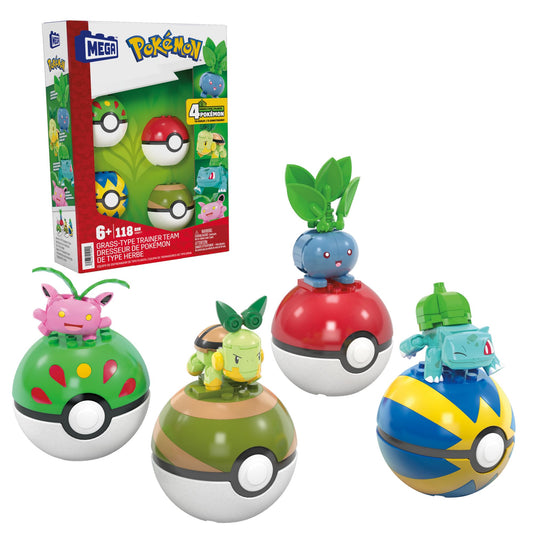 Grass-type Pokémon building toys set by Mega Brands with 118 pieces and four poseable characters, 2 inches tall.
