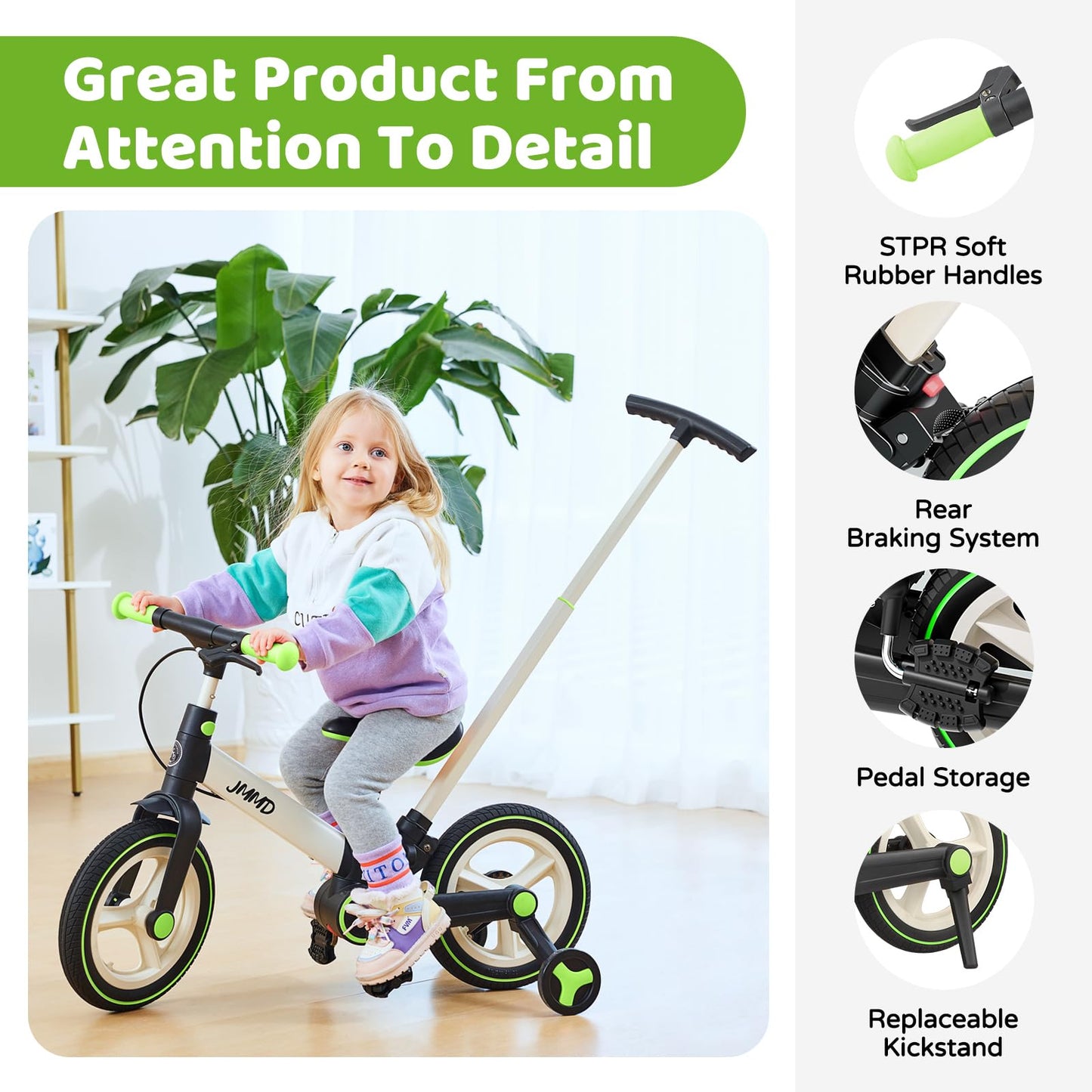 JMMD Balance Bike with Training Wheels and Pedals, Kids Push Bike with Adjustable Push Handle, Fun and Safe Toddler Tricycle for Boys and Girls with Brakes & Kickstand, Age18 Months-5 Years, Green