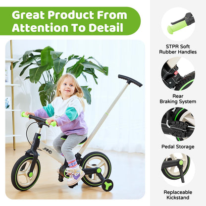 JMMD Balance Bike with Training Wheels and Pedals, Kids Push Bike with Adjustable Push Handle, Fun and Safe Toddler Tricycle for Boys and Girls with Brakes & Kickstand, Age18 Months-5 Years, Green