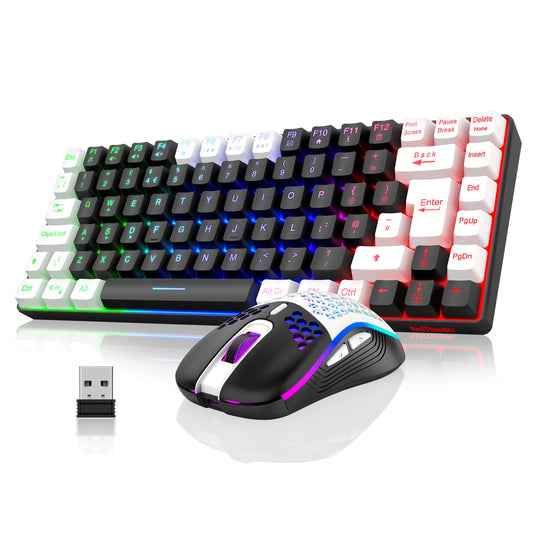 RedThunder K84 wireless gaming keyboard with rainbow backlight and 85 keys, compact TKL design, lightweight honeycomb gaming mouse.
