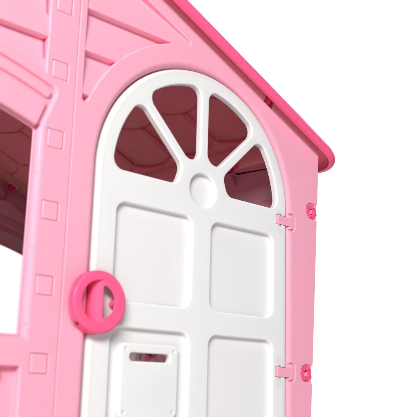 Pink and white Palplay plastic playhouse for kids, featuring doors and windows, UV resistant for indoor and outdoor imaginative play.