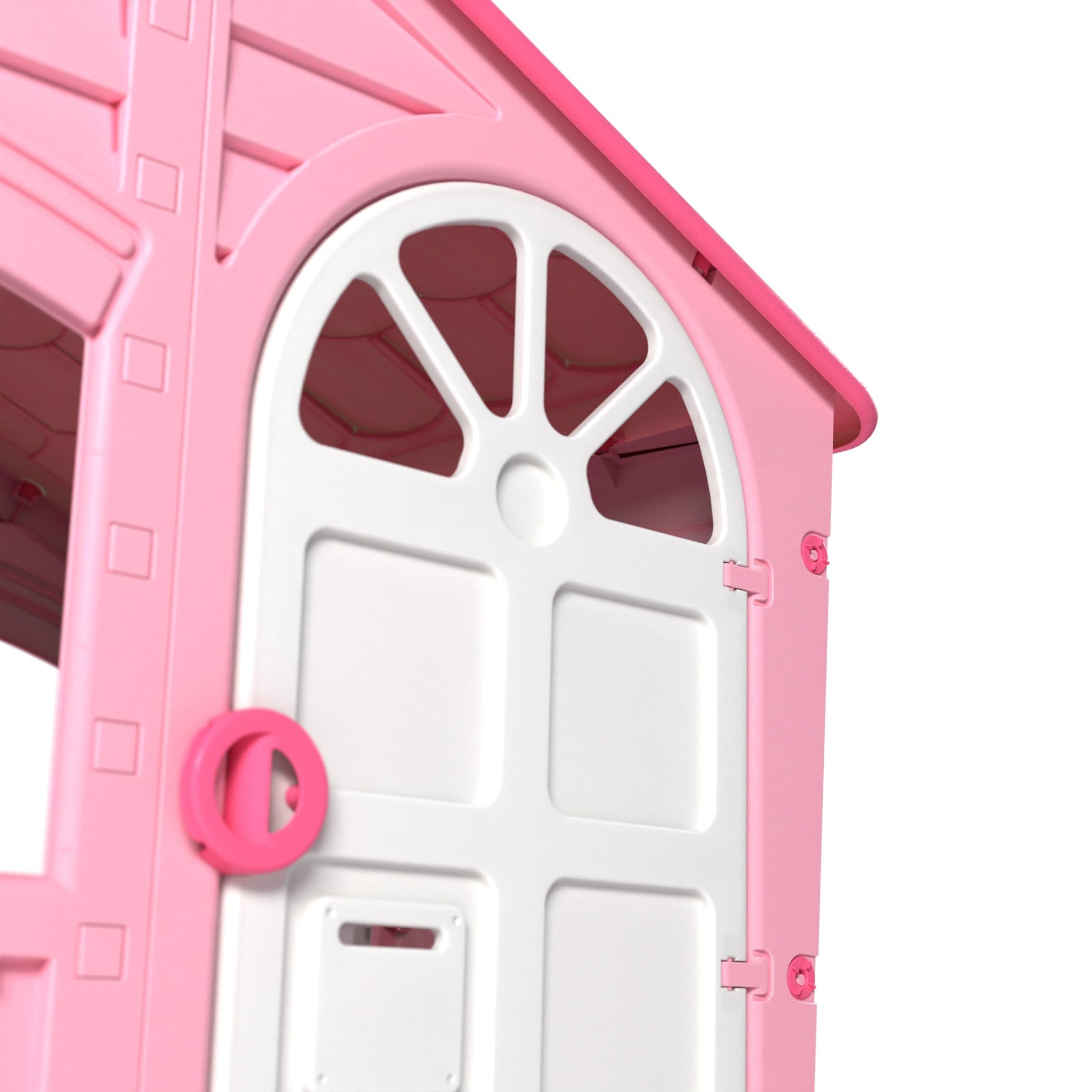 Pink and white Palplay plastic playhouse for kids, featuring doors and windows, UV resistant for indoor and outdoor imaginative play.