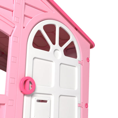 Pink and white Palplay plastic playhouse for kids, featuring doors and windows, UV resistant for indoor and outdoor imaginative play.