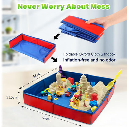 CROSOFMI Play Sand for Kids 2lbs Magic Sand with 6 Construction Vehicles 10 Road Signs and Foldable Sandbox and Moulds and Tools Toys for Boys Girls 3 4 5 6 7+ Year Old