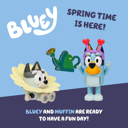 Bluey and Muffin 2-Pack Toy Figure Playset, Spring Time Toddler Figurine Toys Set with Dressup Accessories, Poseable Figurines for Kids Ages 3-5