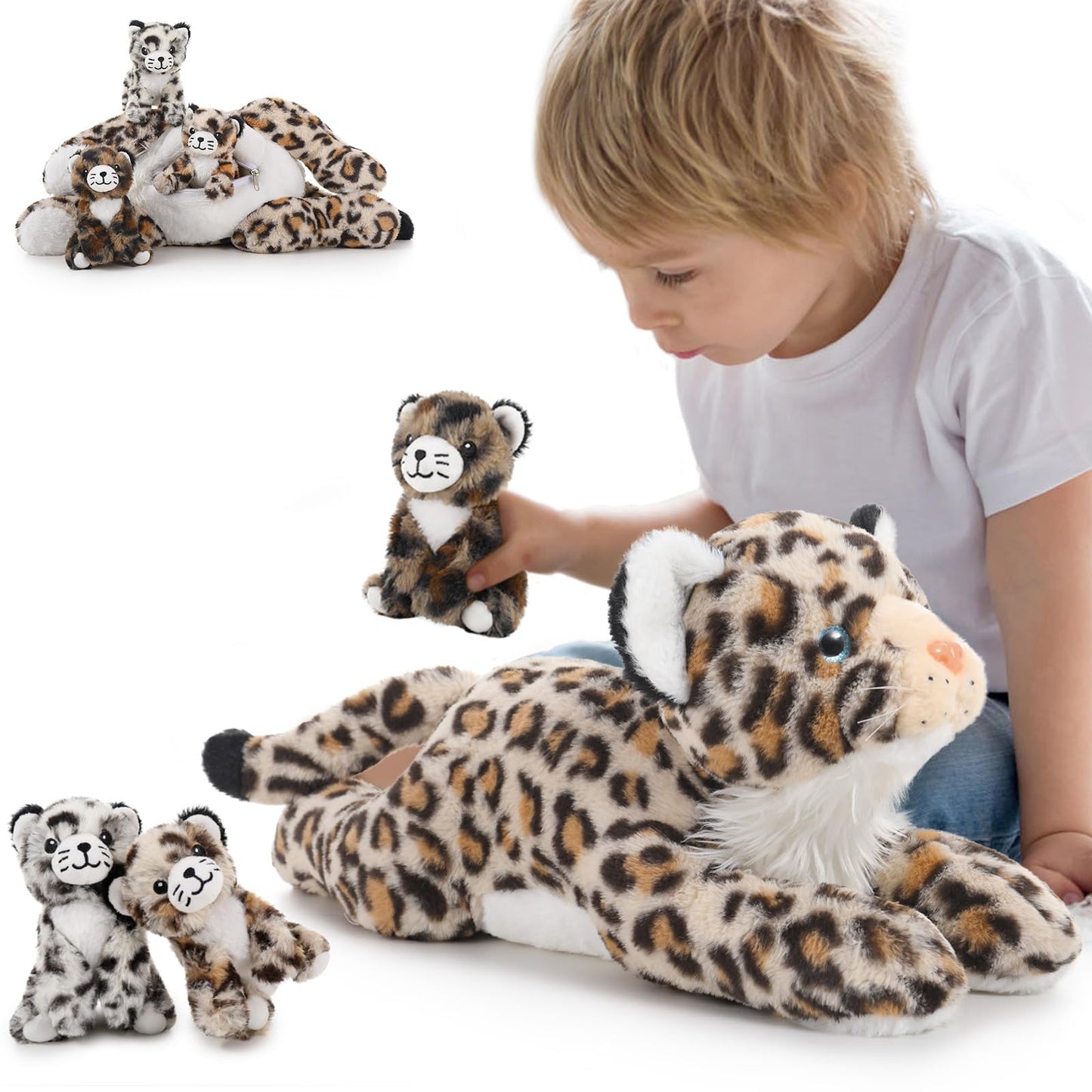 MorisMos Snow Leopard Soft Toy with Babies inside, Lifelike Leopard Teddy Stuffed Animal Plush Toy Cuddly, Kawaii Presents for Kids Girls Boys Children Christmas Birthday Party Decorations (45cm)