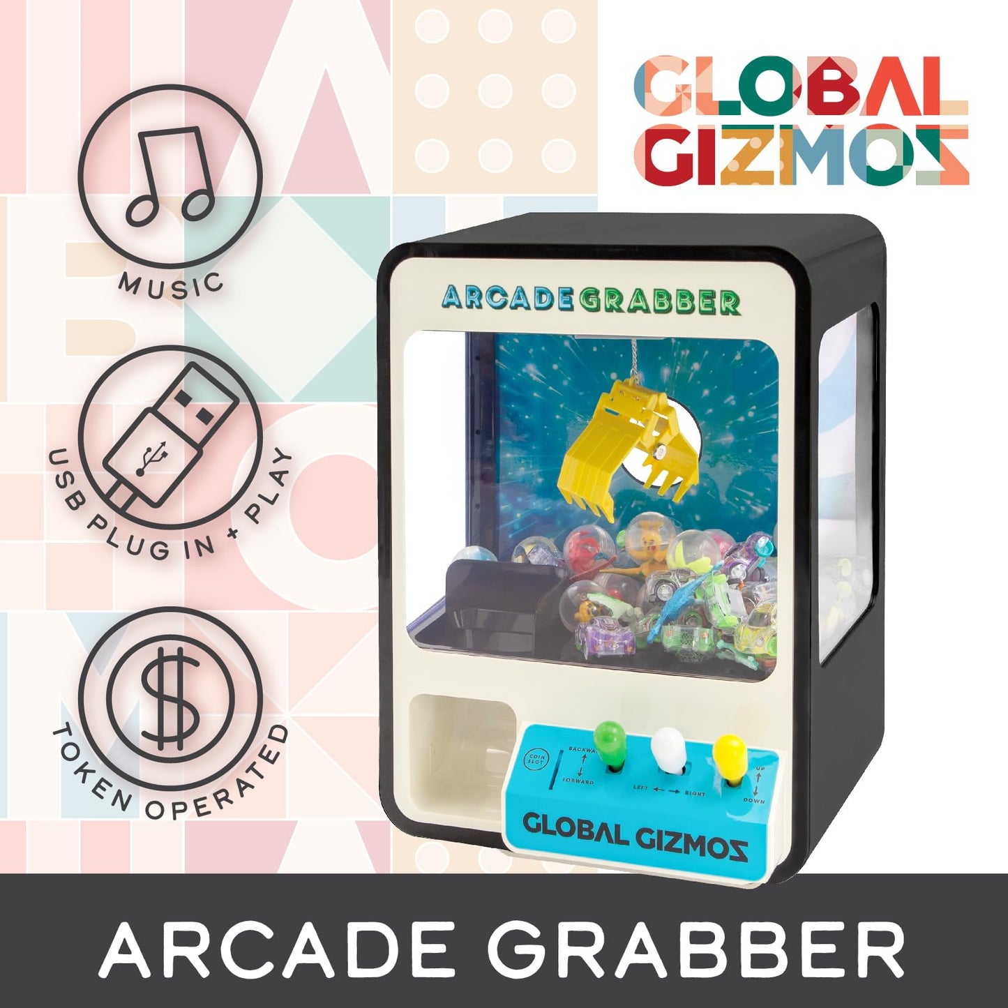 Global Gizmos 50189 Candy Grabber/Claw Machine Arcade Game for Kids/Joystick Controls/Coins Included/Battery or USB Powered/Black Colour