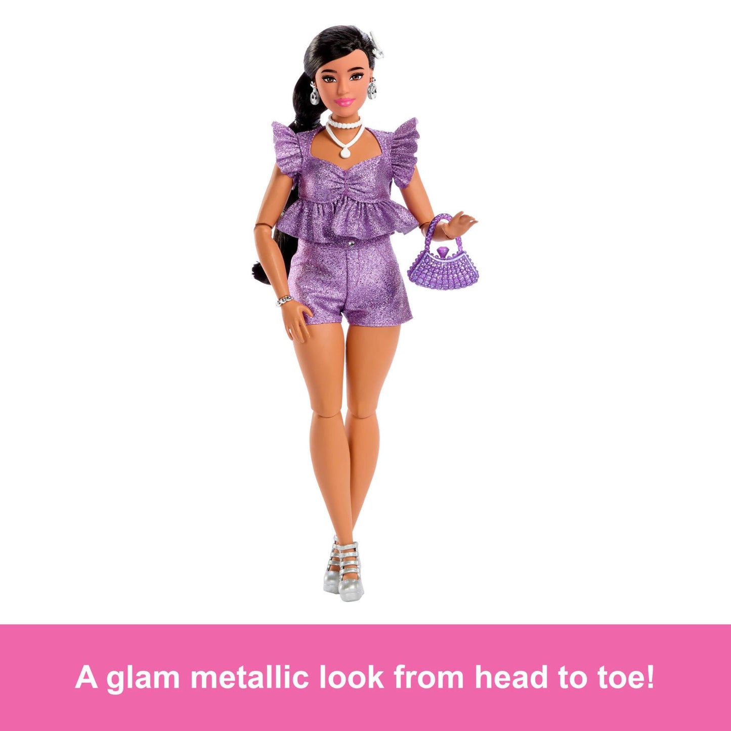 Barbie Deluxe Style Doll #8 in Metallic Purple Top and Sparkly Shorts, Black Hair in Braid, Accessories like Pearly Jewelry and Handbag, JFP43