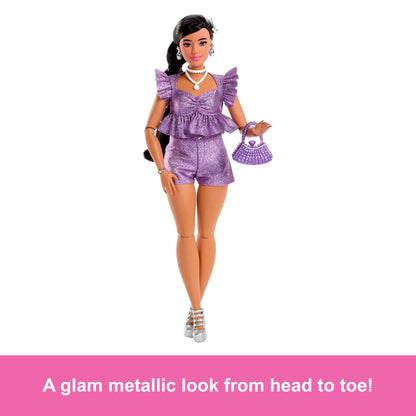 Barbie Deluxe Style Doll #8 in Metallic Purple Top and Sparkly Shorts, Black Hair in Braid, Accessories like Pearly Jewelry and Handbag, JFP43