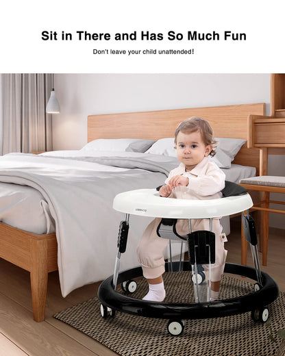 UBRAVOO adjustable baby walker with black PU seat, universal wheels, foldable design, suitable for 6-18 months old boys and girls.