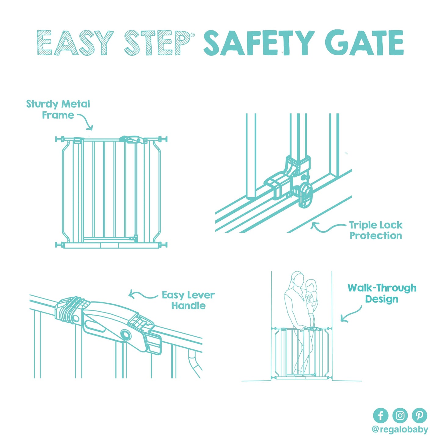 Regalo Easy Step Walk-Through Baby Safety Gate with extension, pressure-mounted for doorway safety and easy access.