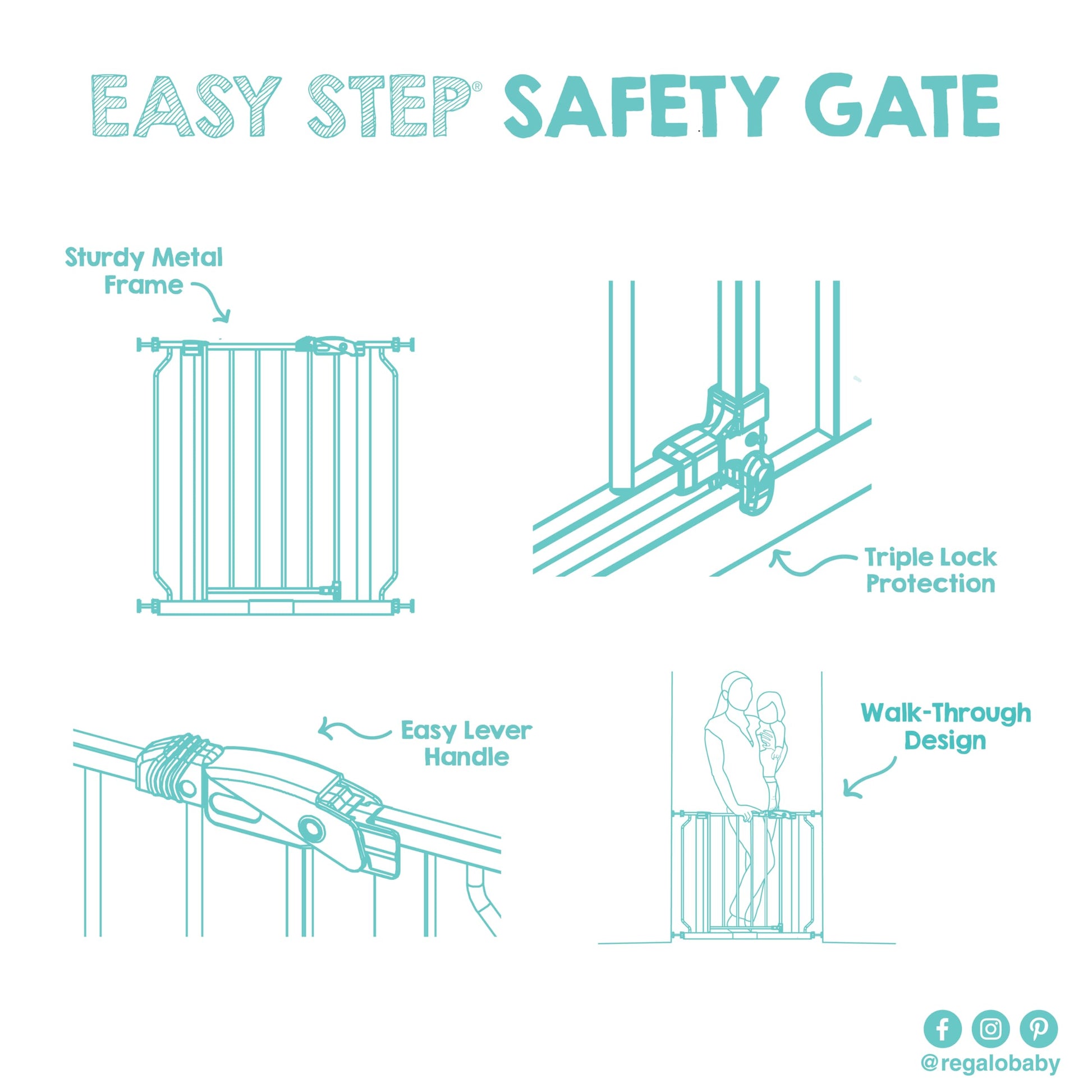 Regalo Easy Step Walk-Through Baby Safety Gate with extension, pressure-mounted for doorway safety and easy access.