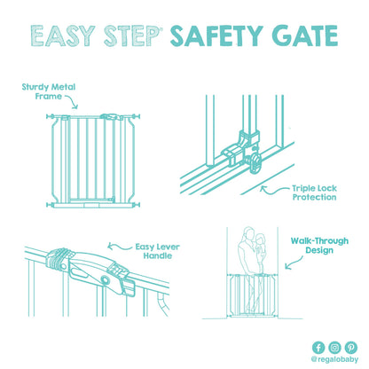 Regalo Easy Step Walk-Through Baby Safety Gate with extension, pressure-mounted for doorway safety and easy access.