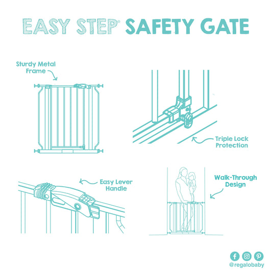 Regalo Easy Step Walk-Through Baby Safety Gate with extension, pressure-mounted for doorway safety and easy access.