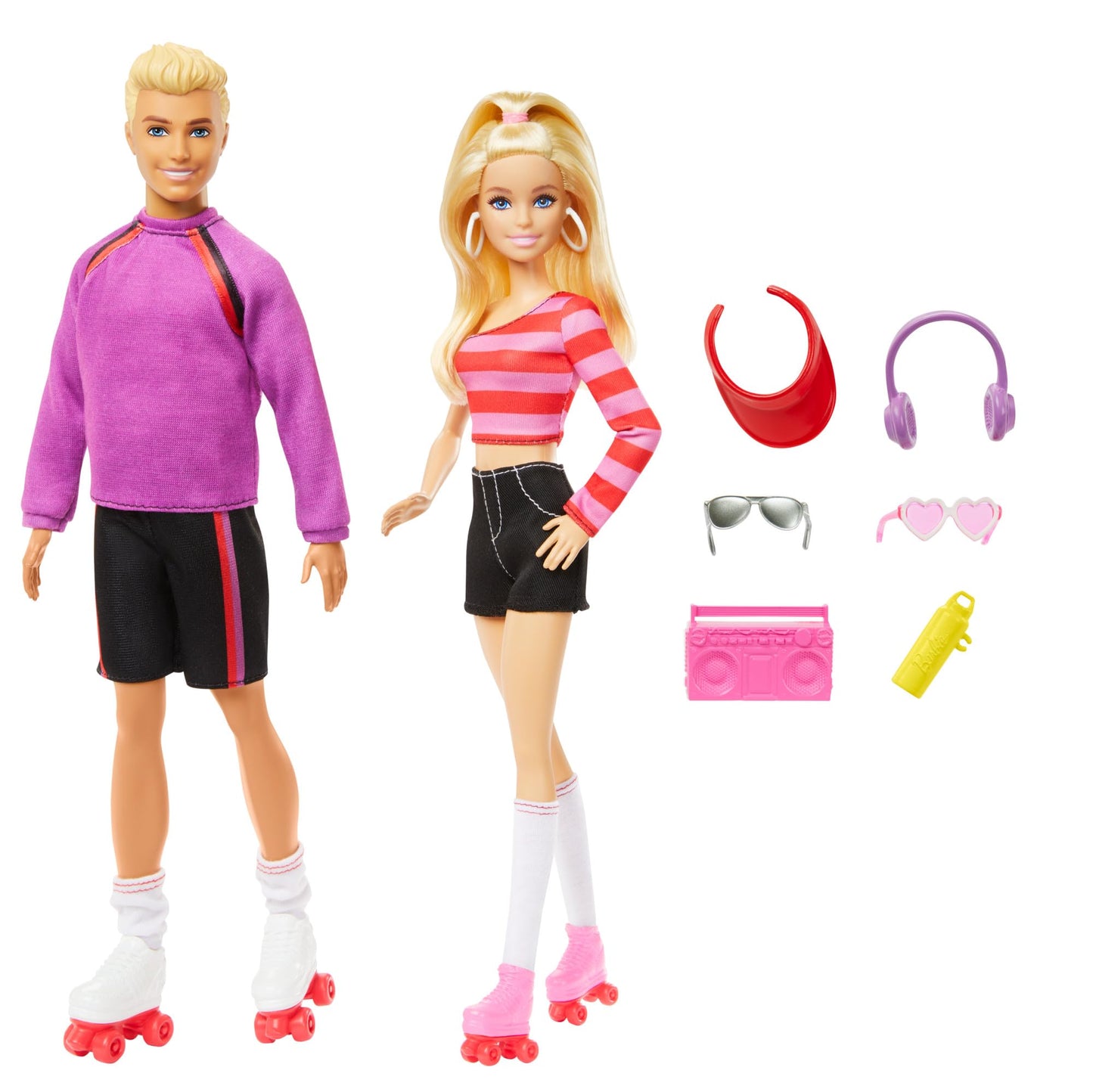 Barbie Fashionistas set featuring roller-skating Barbie and Ken dolls with six colorful accessories for play and display.