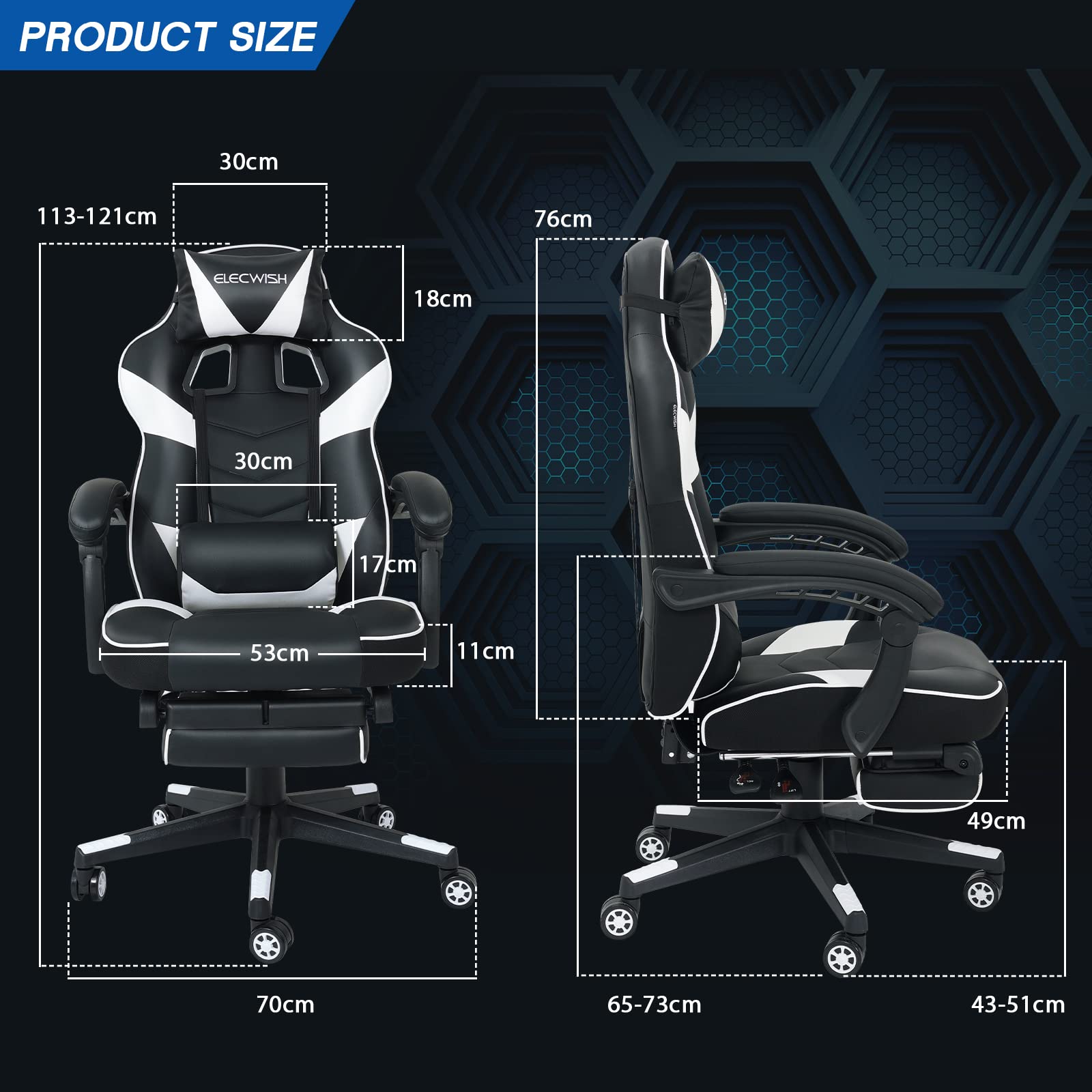 Fullwatt white gaming office chair with high back, recline and swivel features, adjustable arms, footrest, and PU leather upholstery.