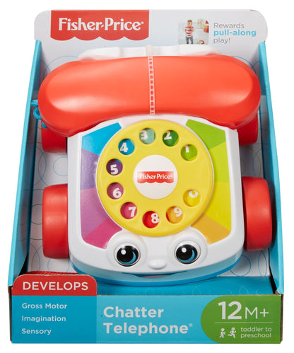 Fisher-Price Toddler Pull Toy Chatter Telephone Pretend Phone with Rotary Dial and Wheels for Walking Play Ages 1+ years, FGW66