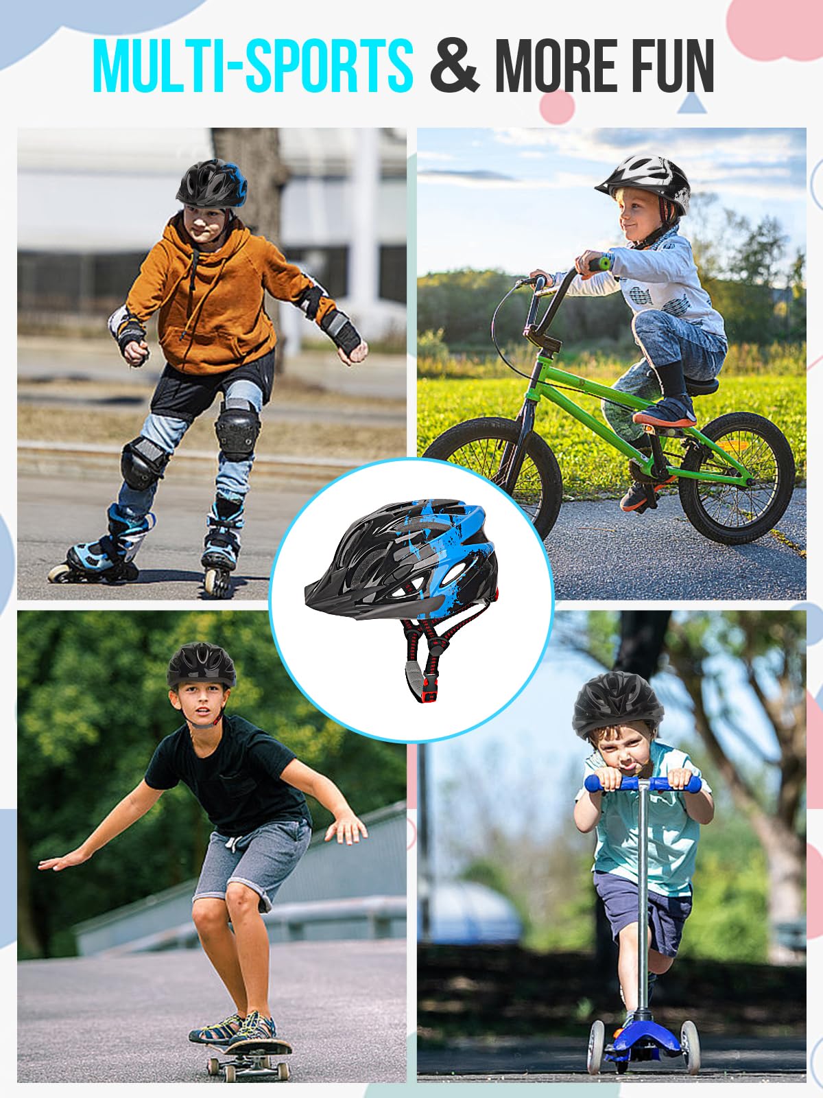 Kids Helmet, RaMokey Kids Bike Helmet With Light, Boys Girls Bike Helmet Age 3-14, Adjustable Child Helmet (50-59CM) for Bicycle Scooter Skating Cycle