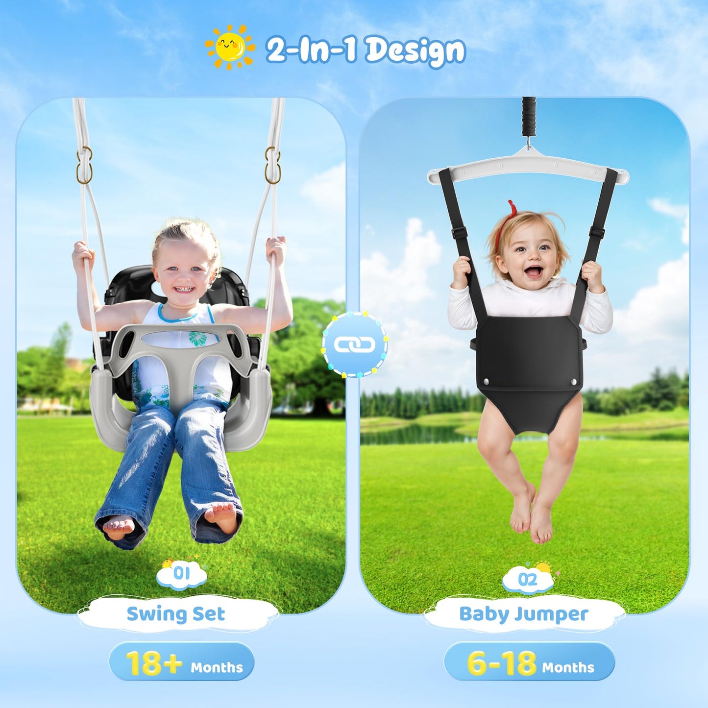 4 in 1 Toddler Swing Set, Kids Swing with Folding Metal Frame Stand, Safety Belt, for Baby In & Outdoor, Garden Playground Set, Swing Sets for backyard (Black)