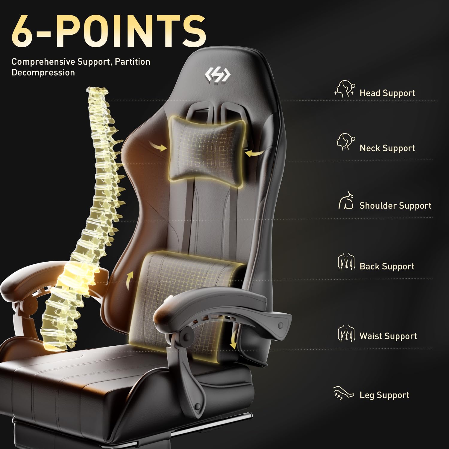 Black ergonomic gaming chair by Precision Synergie with lumbar support, headrest, footrest, 360° swivel, and adjustable height.